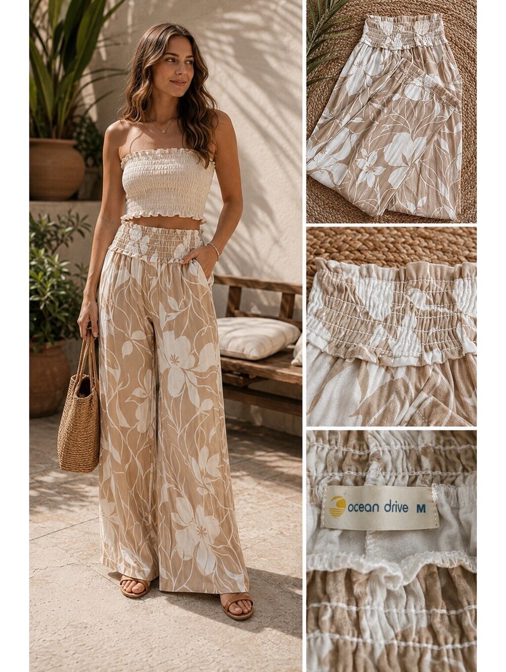 Ocean Drive Women’s Floral Wide Leg Pants Size M Beige White Smocked Waist Boho